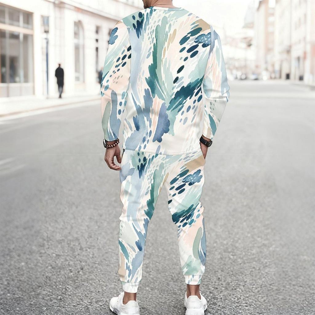 Men Plus Size Colorful Printed Two Piece Set Round Neck Long Sleeve Top Cuffed Pants