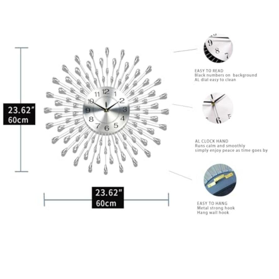Horloge Murale Ronde en Métal Argenté Moderne de 24 Pouces pour Salon Chambre Bureau Cuisine Décoration de Maison Fonctionne à Piles Quartz Silencieux