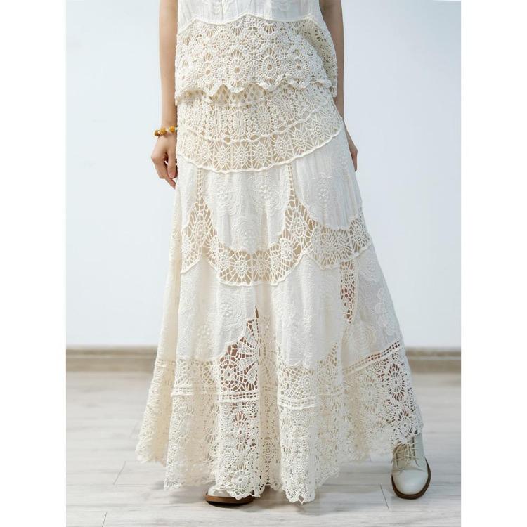 2025 New Dimanaf Holiday Skirt Women Sexy Lace Long Dress Summer Hollow Out Knitting Loose Basic Solid Style