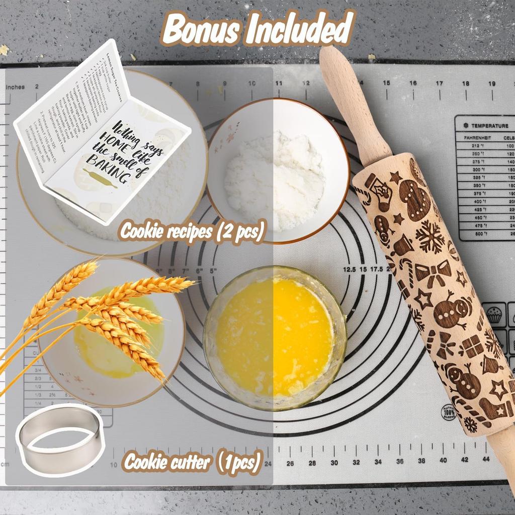 Christmas Embossed Rolling Pin for Baking Cookies Embossing Rolling Pins with Design Wooden Engraved Springerle Roller Pin Dough Patterned Clay