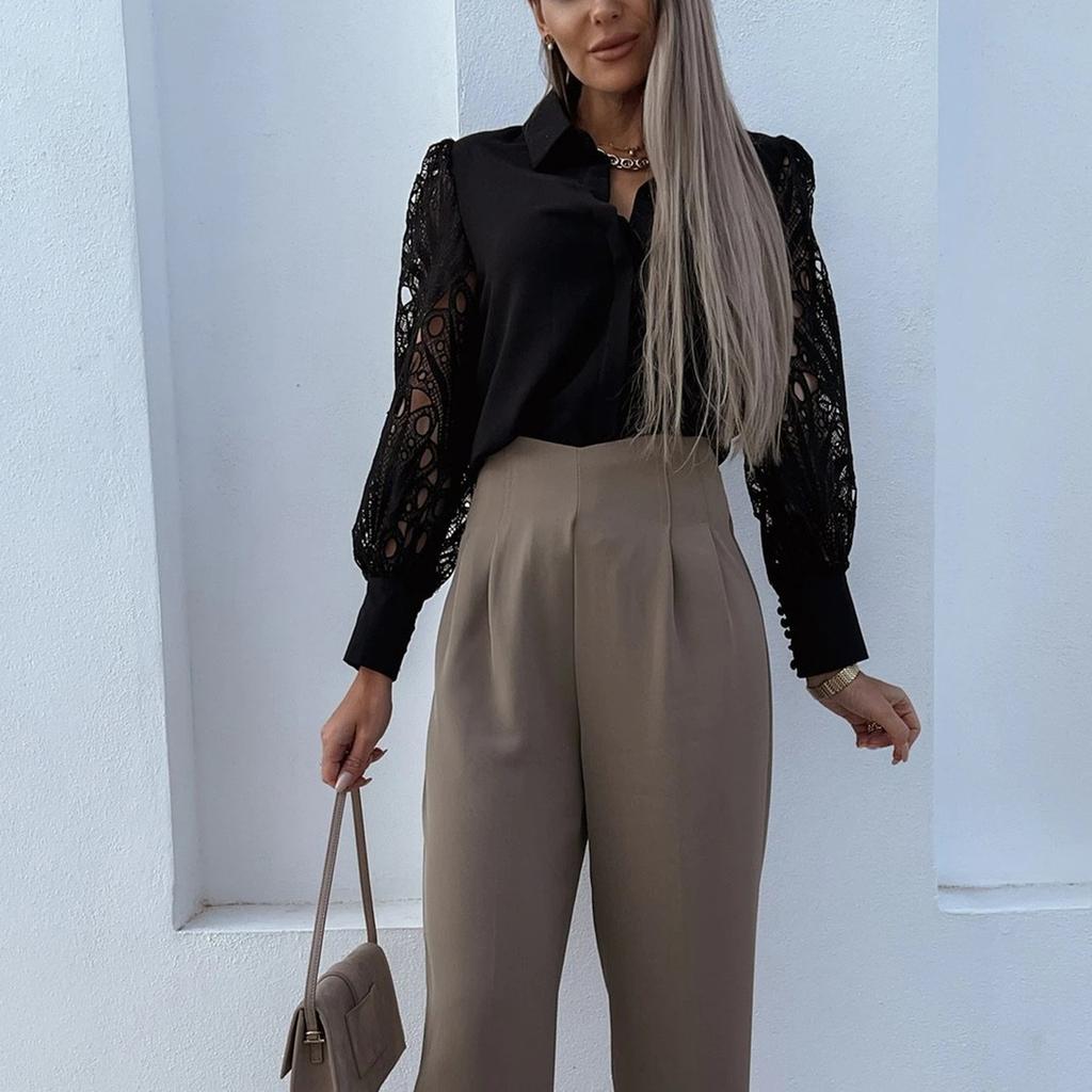 Jaro a Léto Nový Horký Výprodej Dámská Jednobarevná Košile s Krajkovým Prošíváním Košile Ženy