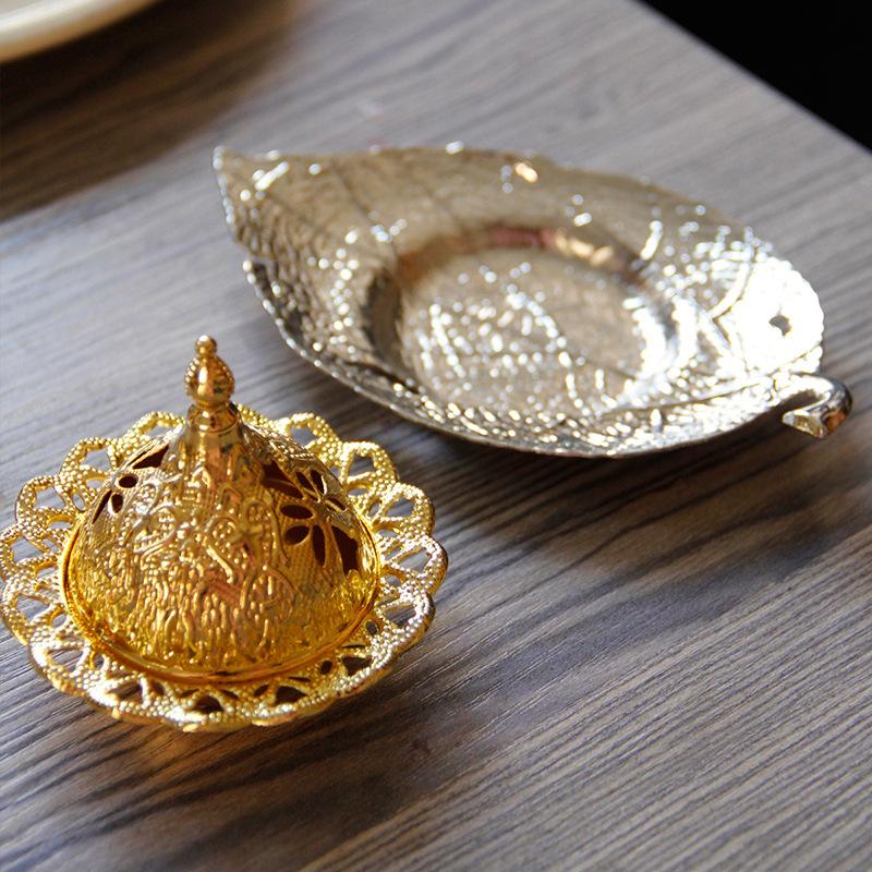 Y Golden Mini Arabic Metal Incense Burner Handheld Middle Eastern Festival European Leaf Tray Aromatherapy Burner Home Decor