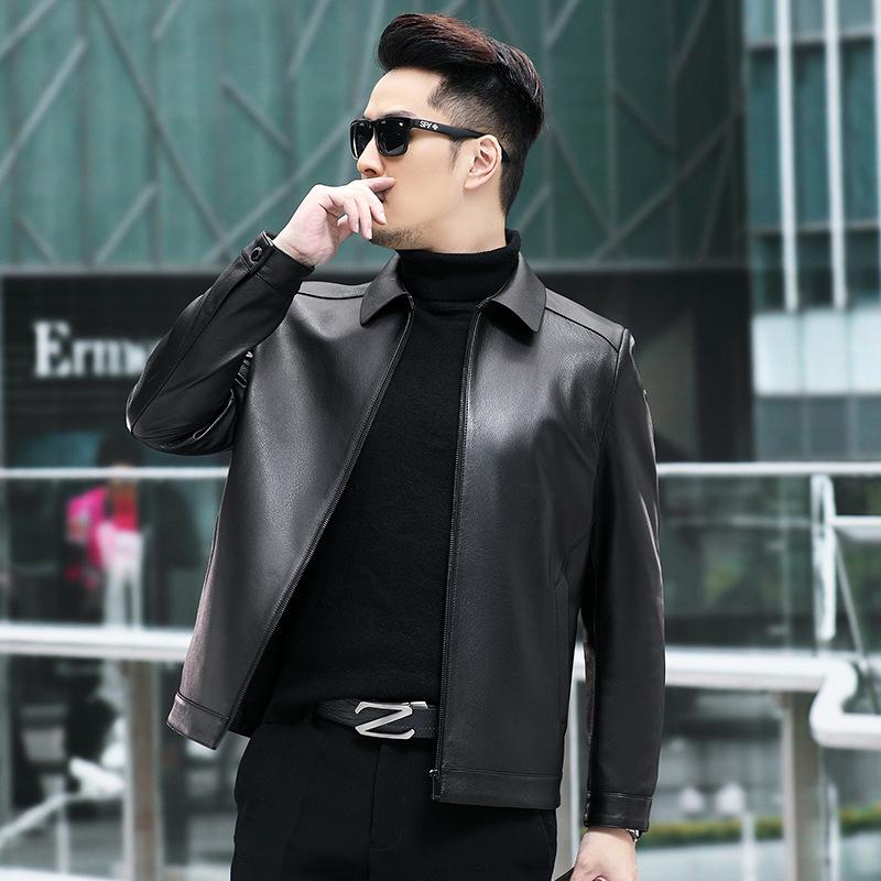 Spring and Autumn New Men's Genuine Leather Jacket Men's Goat Leather Jacket Lapel Business Dad Casual Jacket Versatile