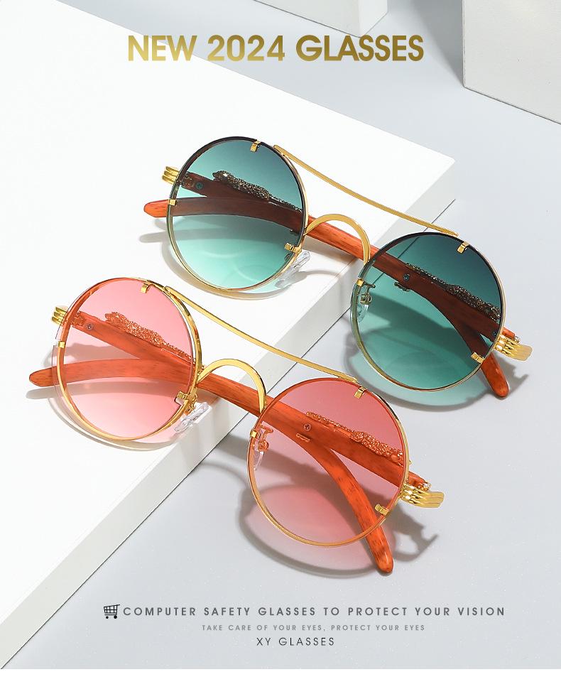 Cross-Border Retro Double-Bridge Leopard Head Men's Metal Round Sunglasses