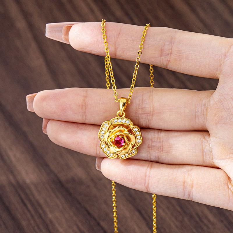 Vietnamesische Sandgold-Halskette und drehbarer Zirkon-Rosenring-Ohrring-Set