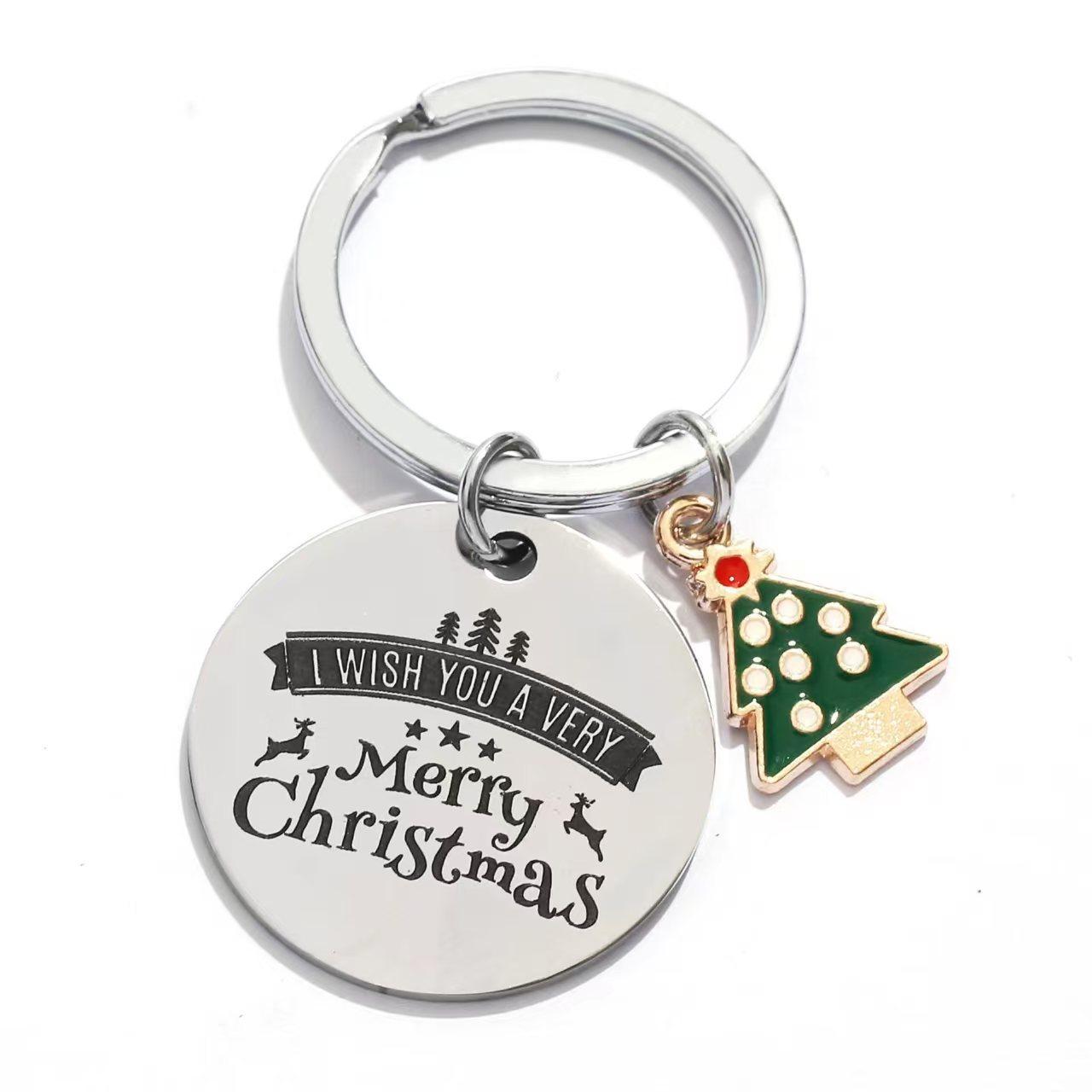

Christmas Stainless Steel Keychain in Stock Christmas Tree Santa Bell Laser Metal Holiday Gift Stainless Steel Keychain for Backpack Bag Pendant 3*3CM
