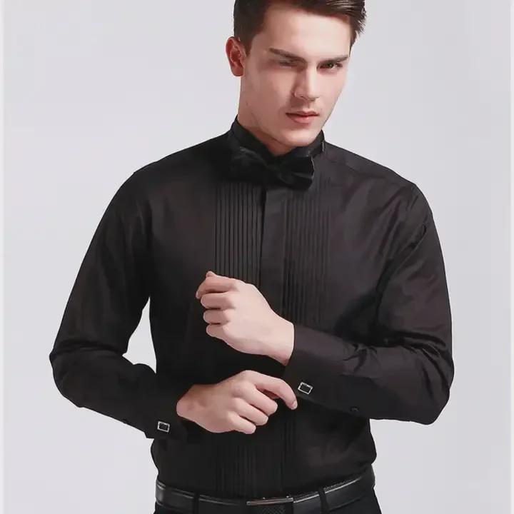 Swallowtail White Men's Stand Collar Long Sleeve Performance Dress Shirt