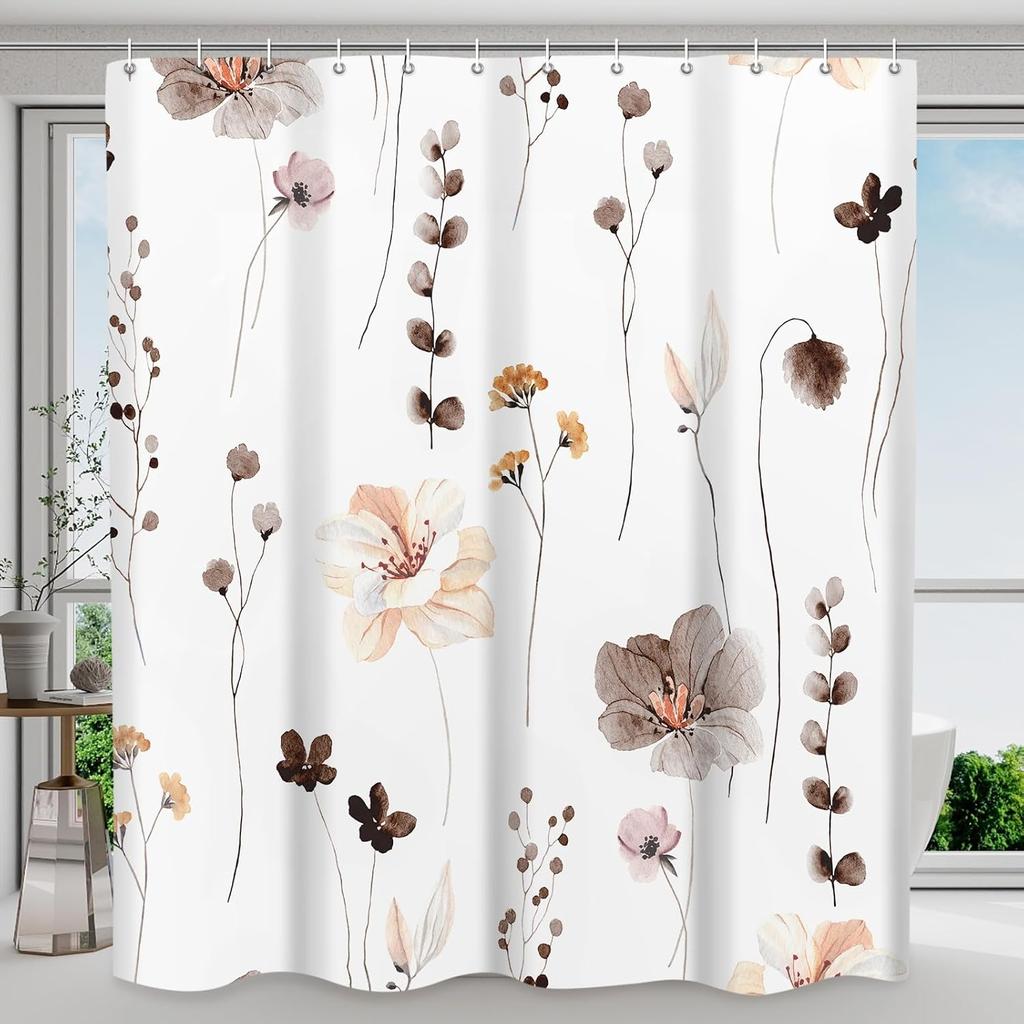 Shower Curtain Watercolor Flower Shower Curtain Sets - Spring Burnt-Orange Floral Plant Shower Curtains for Bathroom