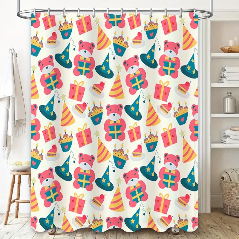 Party Animal Design Shower Curtain with Multiple Colors Cartoon Print Decorative Bathroom Hanging Accessories Set for Kids' Bath