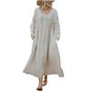 Women's Ound-neck Pleated Skirt With Pockets, Long-sleeved Cotton And Linen Dress