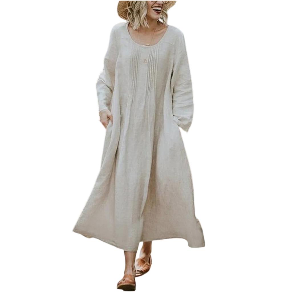 Women's Ound-neck Pleated Skirt With Pockets, Long-sleeved Cotton And Linen Dress