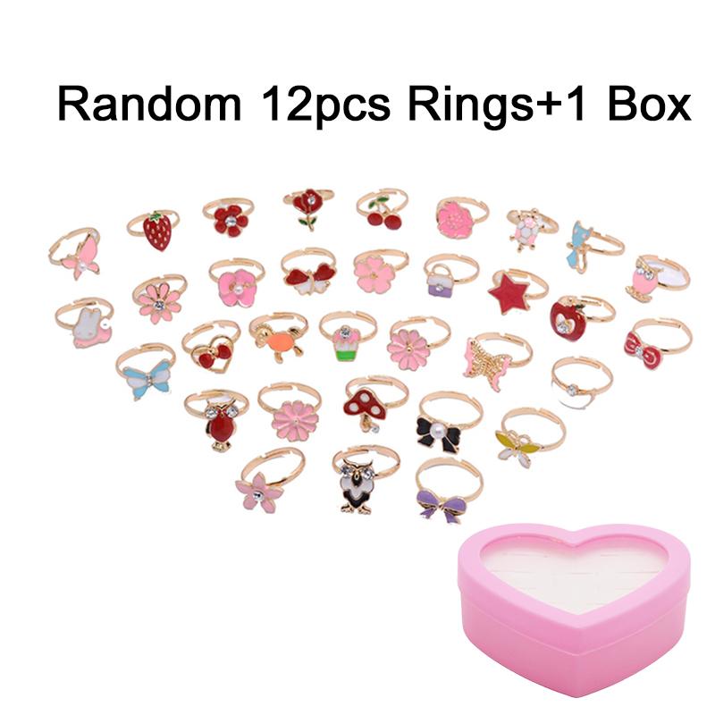 12pcs Children Rings Heart Shaped Box Cartoon Jewelry Adjustable Opening Girls Birthday Gifts Beauty Toys Pretend Play TMZ