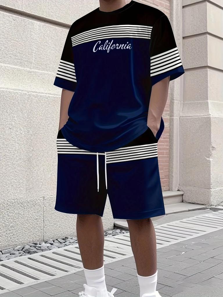 Simple Men's T-shirts Shorts 2-piece Set Minimalist Casual striped Sports Short Sleeve Shorts Set Holiday Men's Clothing