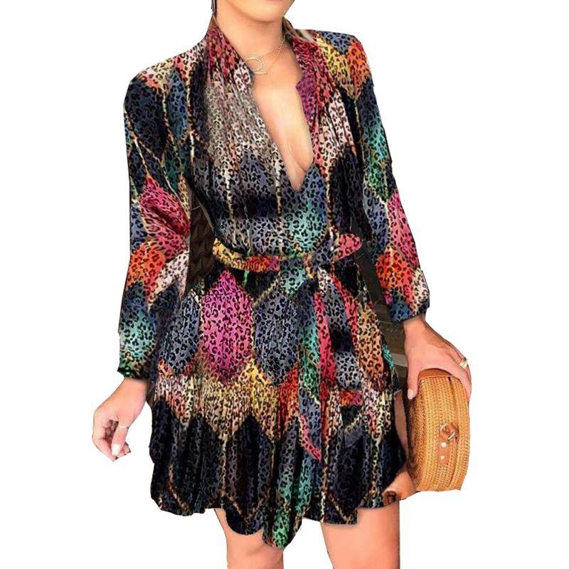 Women's Long Sleeve V-neck Lace up Sexy Print Dress