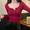 Reines Verlangen U-Ausschnitt T-Shirt Damen Vorderseite Schulter Langarm Herbst Slim Fit Vielseitig und dünn Halboffener Ausschnitt Unterhemd Oberteil Damen