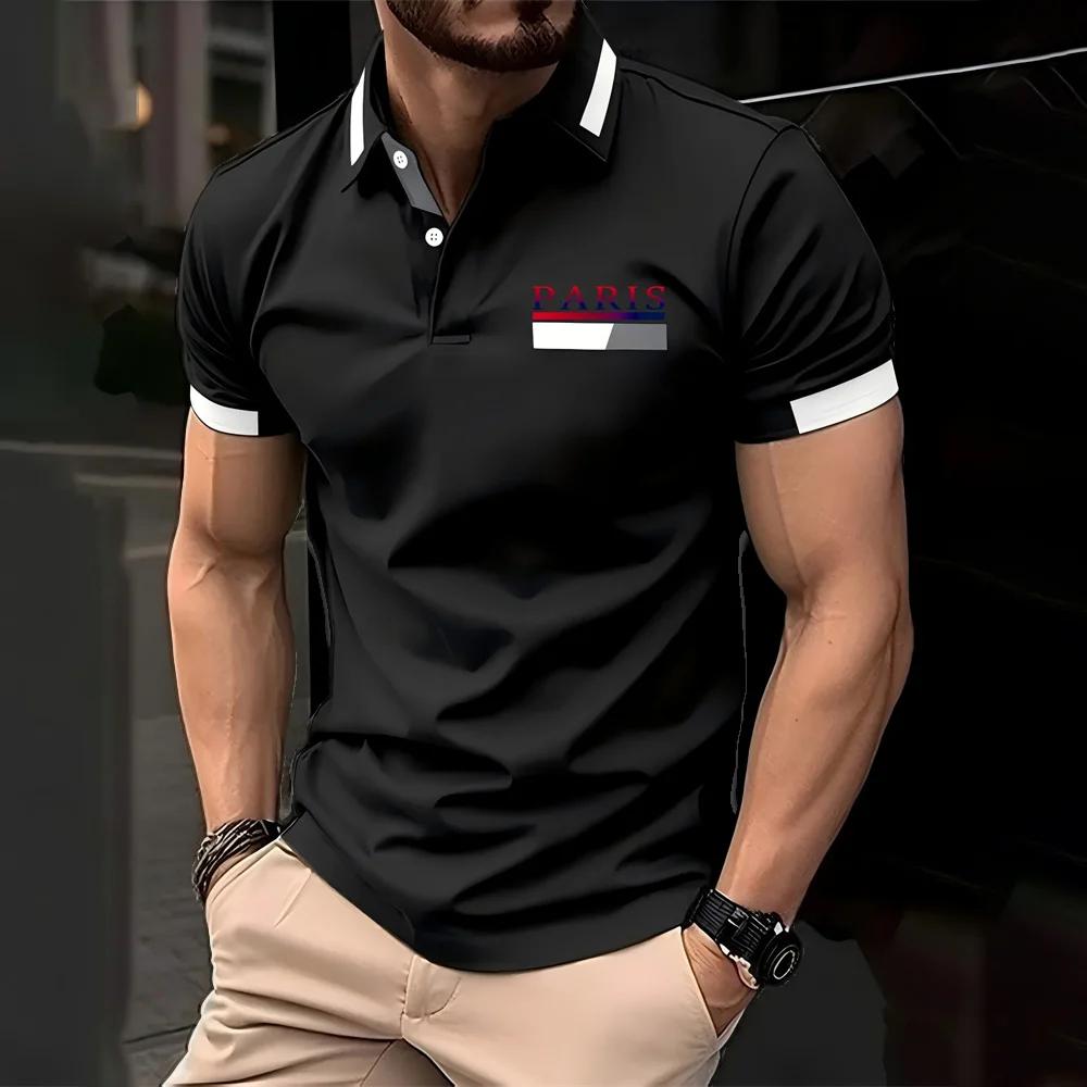 Parisian Print Short-sleeved Polo Shirt for Men's Casual Style, Multi-functional Lapel Shirt, Summer Street Men's Casual Breatha