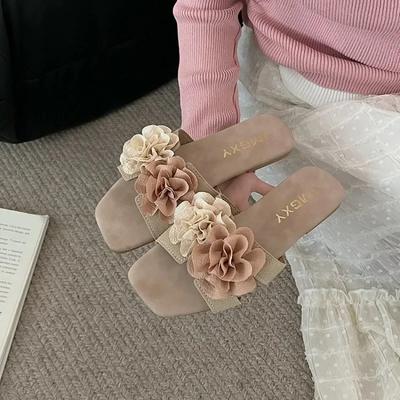 Buty Kapcie Damskie Lato Kwiat Pantofle Klapki Miękkie 2024 Płaskie Rzymskie PU Skóra Klejona Mikrofibra Kwiatowe Guma Damskie Buty L