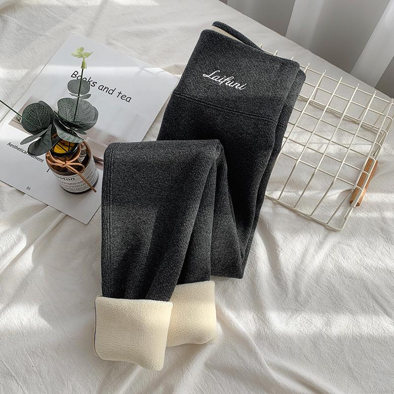 Leggings de damă cu talie înaltă, super groase, din lână de miel gri, cu căptușeală plusată de catifea pentru toamnă și iarnă