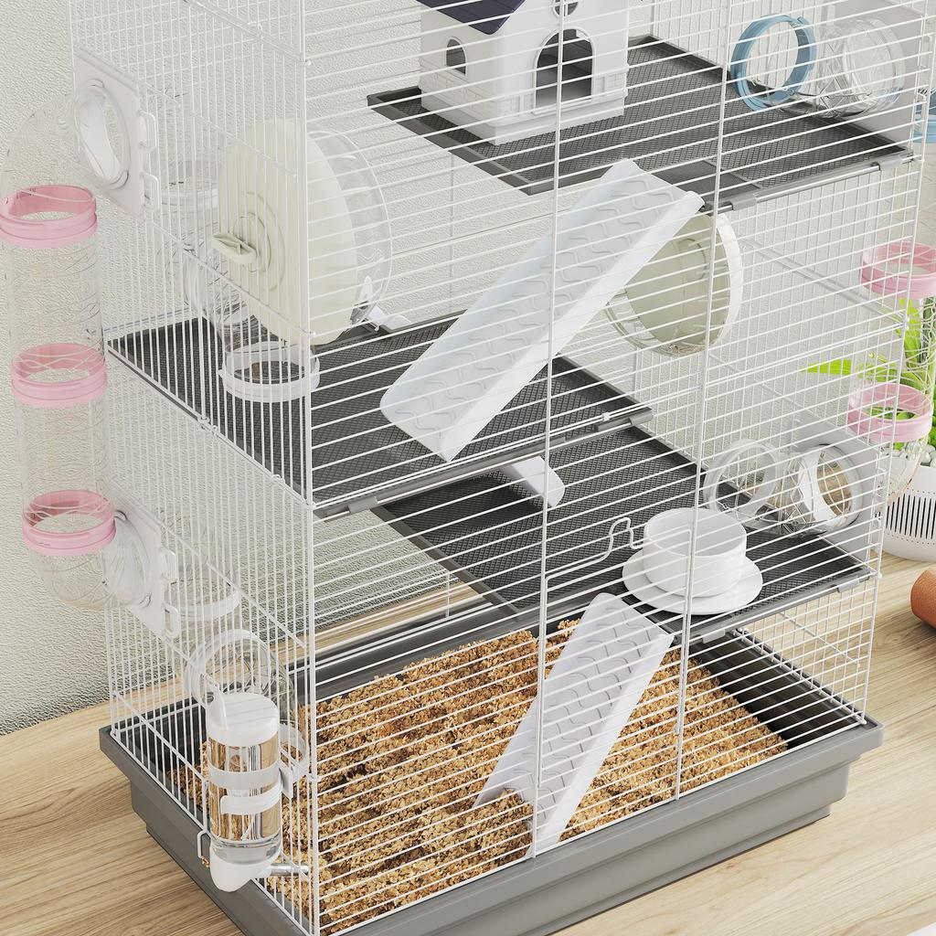 4-Tier, 16-Tube Hamster Cage with House, Ramp, and Accessories, Metal and Plastic, 47x30x70 cm, Grey