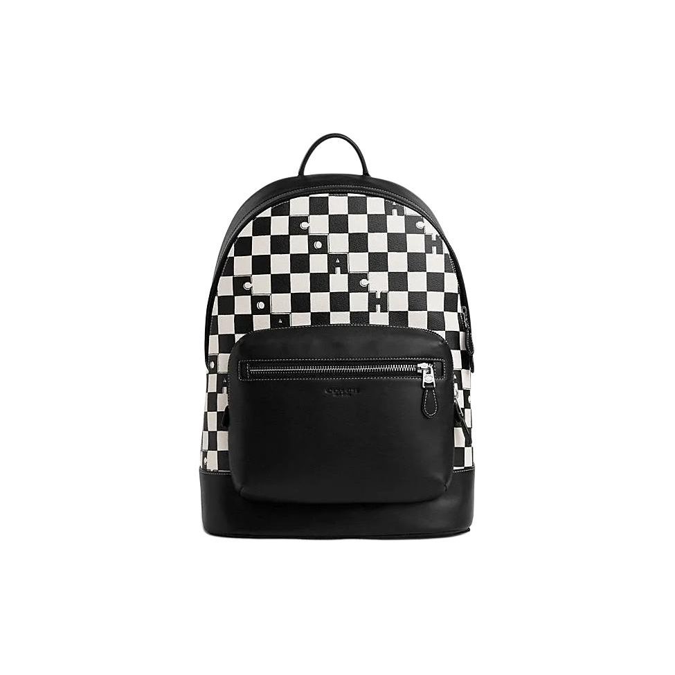Coach Women's Black/White/Cream West 32 Checkered Print Leather And Fabric Large Backpack Backpack Cr207-Sva16