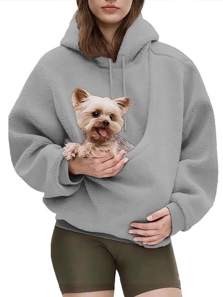 New European & American Autumn/Winter Hooded Plush Pet Bib Loose Pullover Sweatshirt for Women