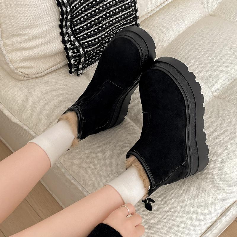 Vintage Fur Lining Women Snow Boots Comfort Platform Thick Sole Keep Warm Cotton Short Booties Winter Women's Plush Shoes