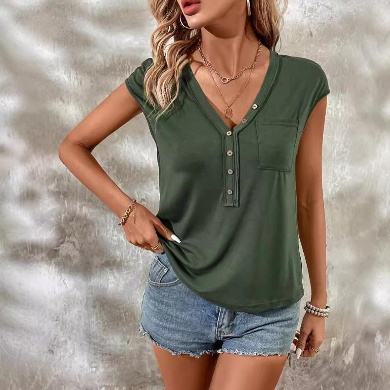 Solid Color Versatile Women's Short Sleeve Pullover Top 2026 Summer Casual Loose V-Neck T-Shirt