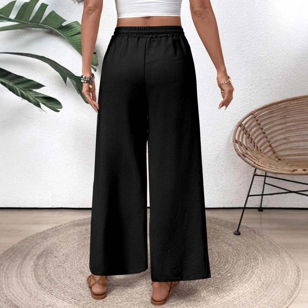Women's Fashion Solid Color Drawstring High Waist Elastic Waist Pocket Wide Leg Casual Pants