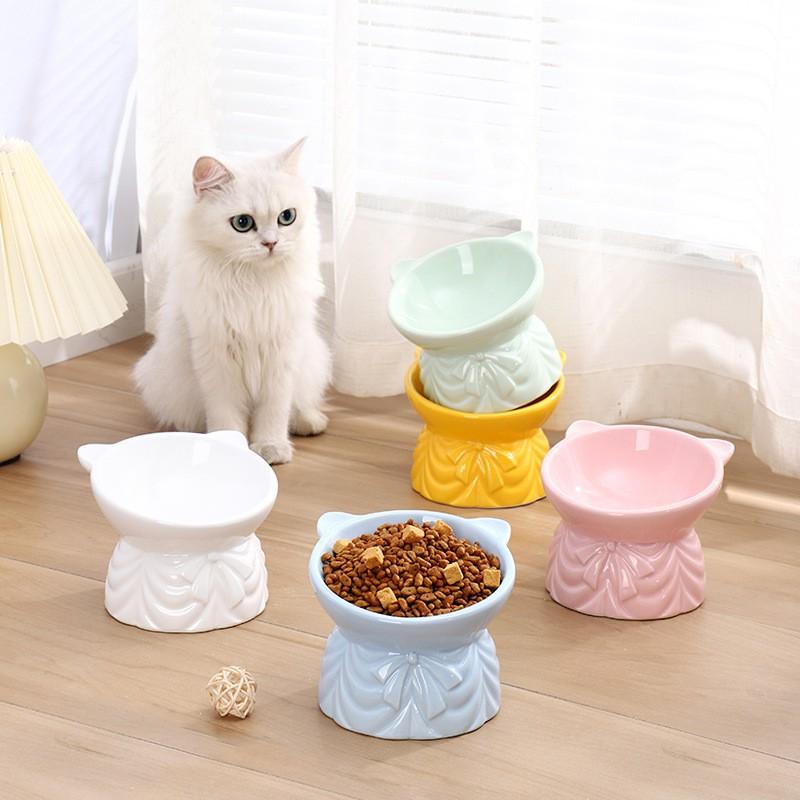 Elevated Ceramic Cat Bowl With Angled Rim Neck Support Anti-Chin Acne Pet Food Water Dish Cats