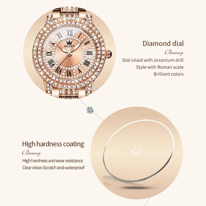OLEVS Women's Watches Fashion Original Quartz Wrist Watch for Ladies Roman Dial Dazzling Diamond Waterproof Luminous Luxury New