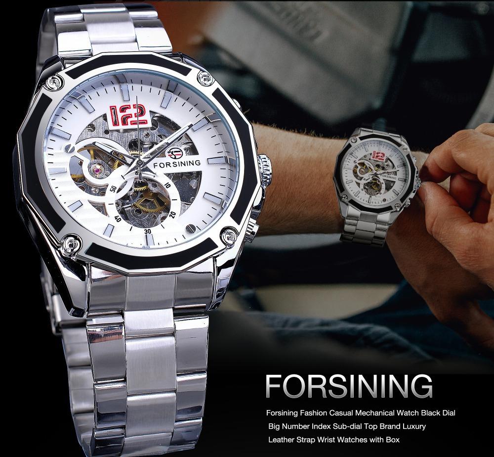 Luxuriöse mechanische Armbanduhren, goldenes Skelett-Zifferblatt, Edelstahlstreifen, automatische Uhren für Männer, transparente Uhr