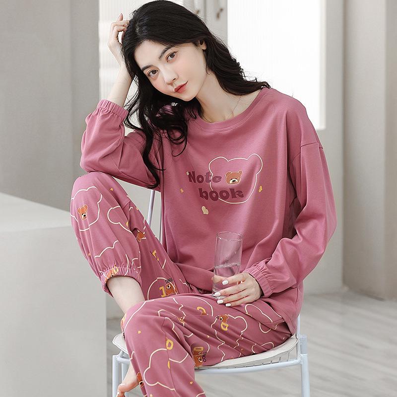 Aifen Teng Women's Pajamas Set: Pure Cotton, Long Sleeve, Long Pants, Casual Home Wear, Suitable for Spring, Autumn, and Winter.