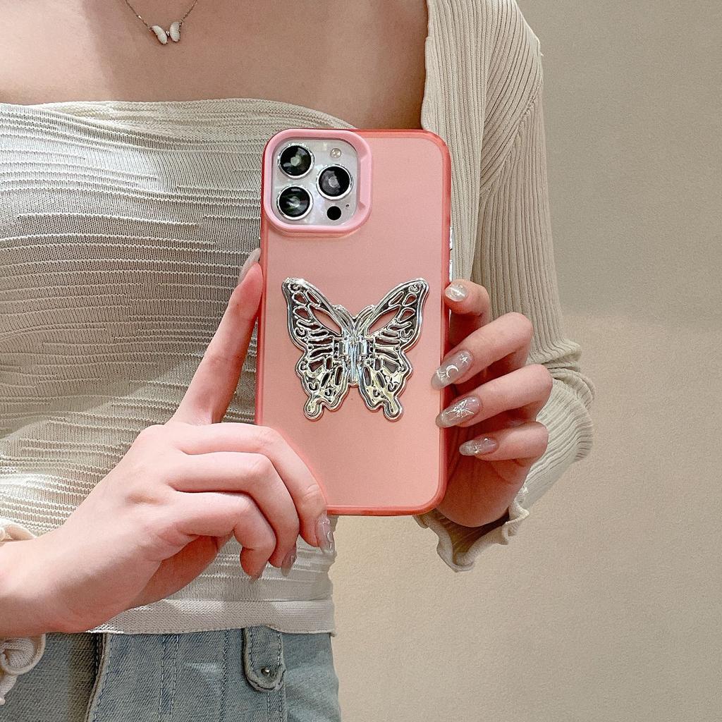 ins induction plating solid color for iPhone17promax Apple 16 mobile phone case butterfly holder 15/14PM13
