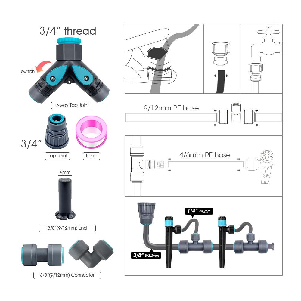 3/8" Bubbler 360° Adjustable Sprinkler Tee Quick Connect Drip Watering SprayersGarden Irrigation Watering System 9/12mm PE Hose