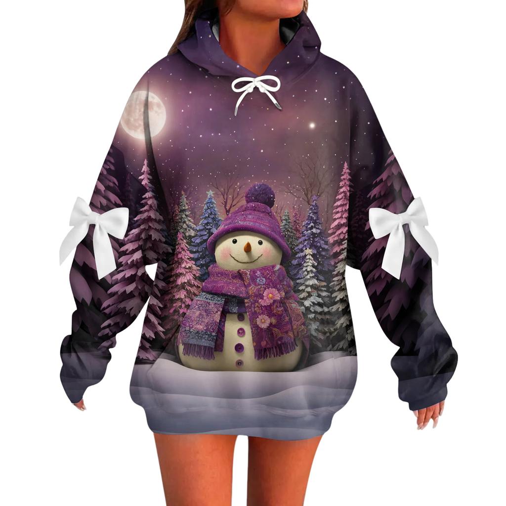 Ladies' Christmas Printed Bow Long Sleeved Loose Fitting Headband With Rope Hooded Sweatshirt Top