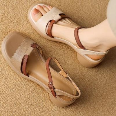 Fashion Fashion Summer Outdoor Women Sandals 2025 New Basic High Quality Leather Soft Comfortable Mid-heels Casual Women Sandals