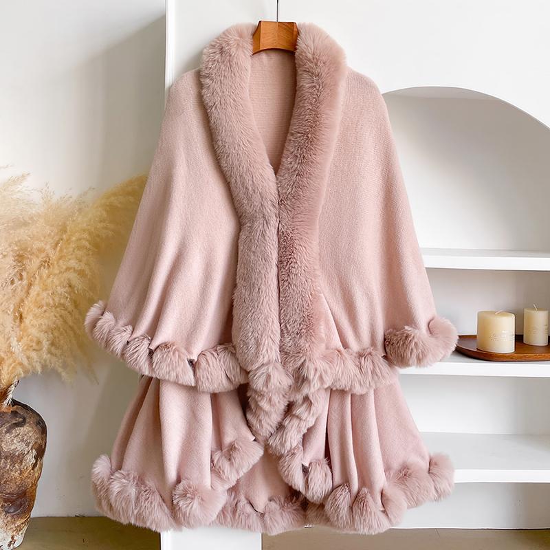 Winter Thicken Mink Wool Full Trims Faux Fur Cape Women's Hooded Loose Fleece Cloak Coat Party Wraps Warm