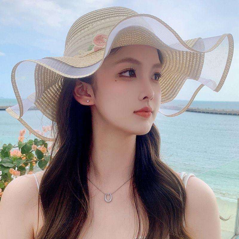 Flower lace streamer sun hat fashion new spring and summer travel vacation beach sunshade sun protection wavy edge straw hat