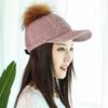Women Knitted Peaked Hat with Mink Hair Ball Fashionable Adjustable Winter Warm Baseball Hat