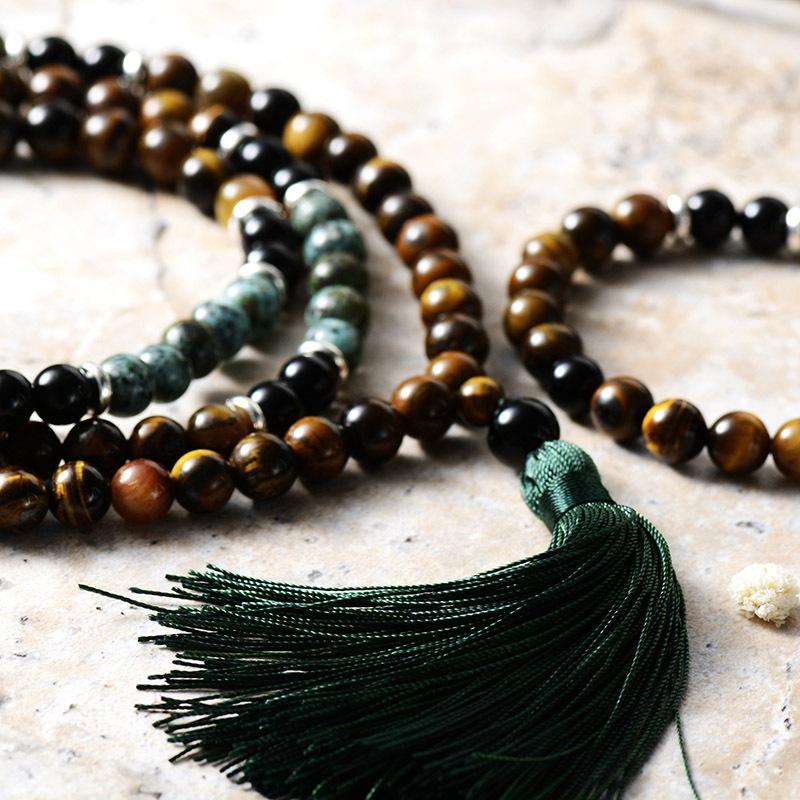 Retro Ethnic Style Tiger'S Eye Stone Turquoise Beaded Necklace 108 Buddha Beads Rosary Beads Fringed Long Necklace Men And Women
