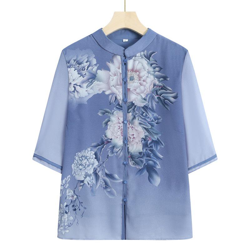 Summer Style Chiffon Cardigan for Elderly Mothers - Mid-Sleeve Chinese Design