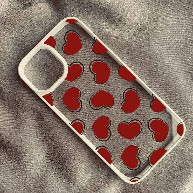 Cute Wine Red Pink Love Heart Graffiti Phone Case For iPhone 16 15 14 13 Pro MAX 11 12 XS SE20 XR 7 8Plus INS Clear Hard Cover