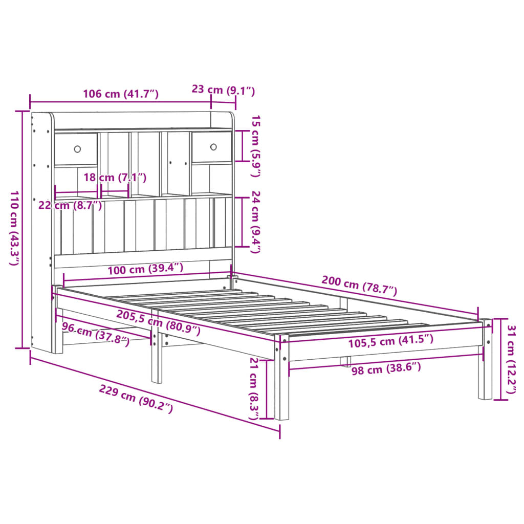 Solid Wood Bed with Shelf Without Mattress Wax Brown 100 x 200 cm