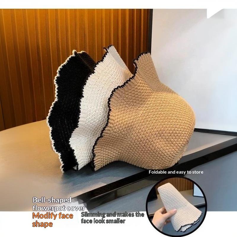 French Wavy Edge Knit Bucket Hat Summer Fashion Breathable Foldable Outdoor Sun Hat