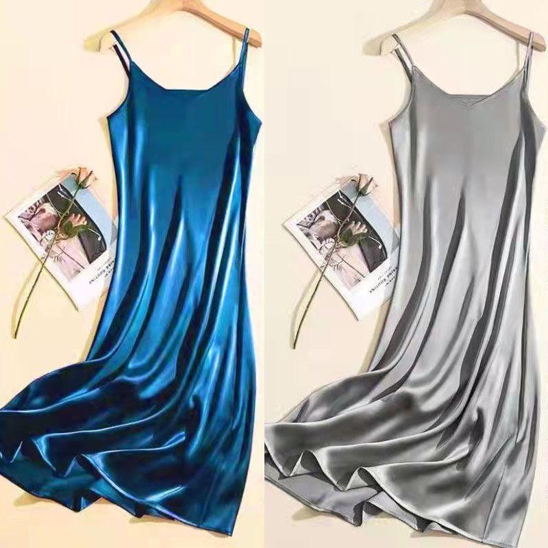 

Classy Satin Dress 2025 Popular Summer New Arrival Mid Length Long Length Silm Suspender Dress Outwear Formal Dress Silver XL