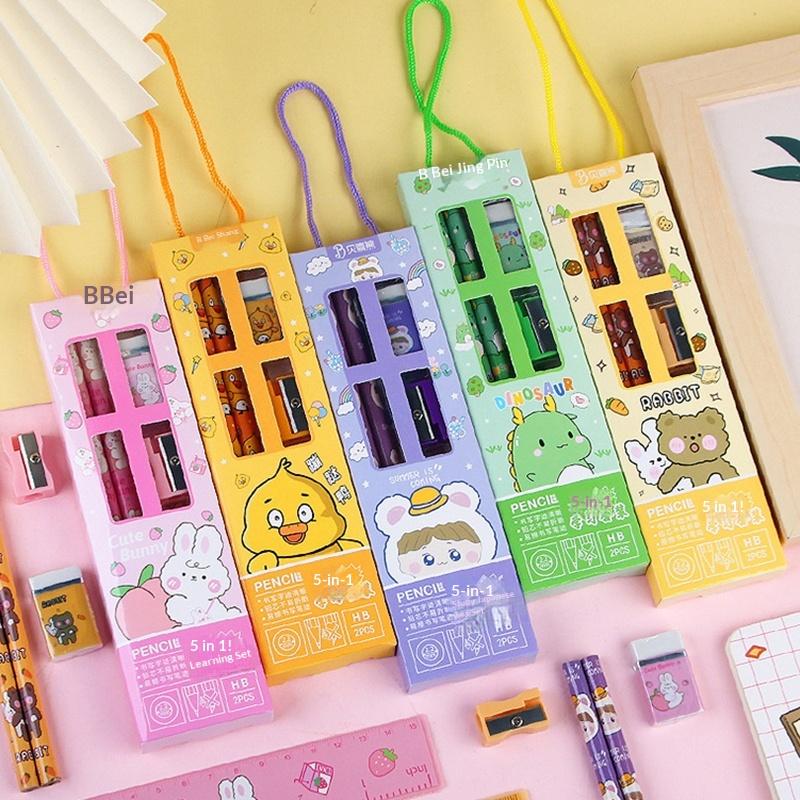 5 In 1 Pencil Set Portable Stationery Prize Cute Cartoon Stationery Gift Box Set School Supplies Writing Tool Stationery Set