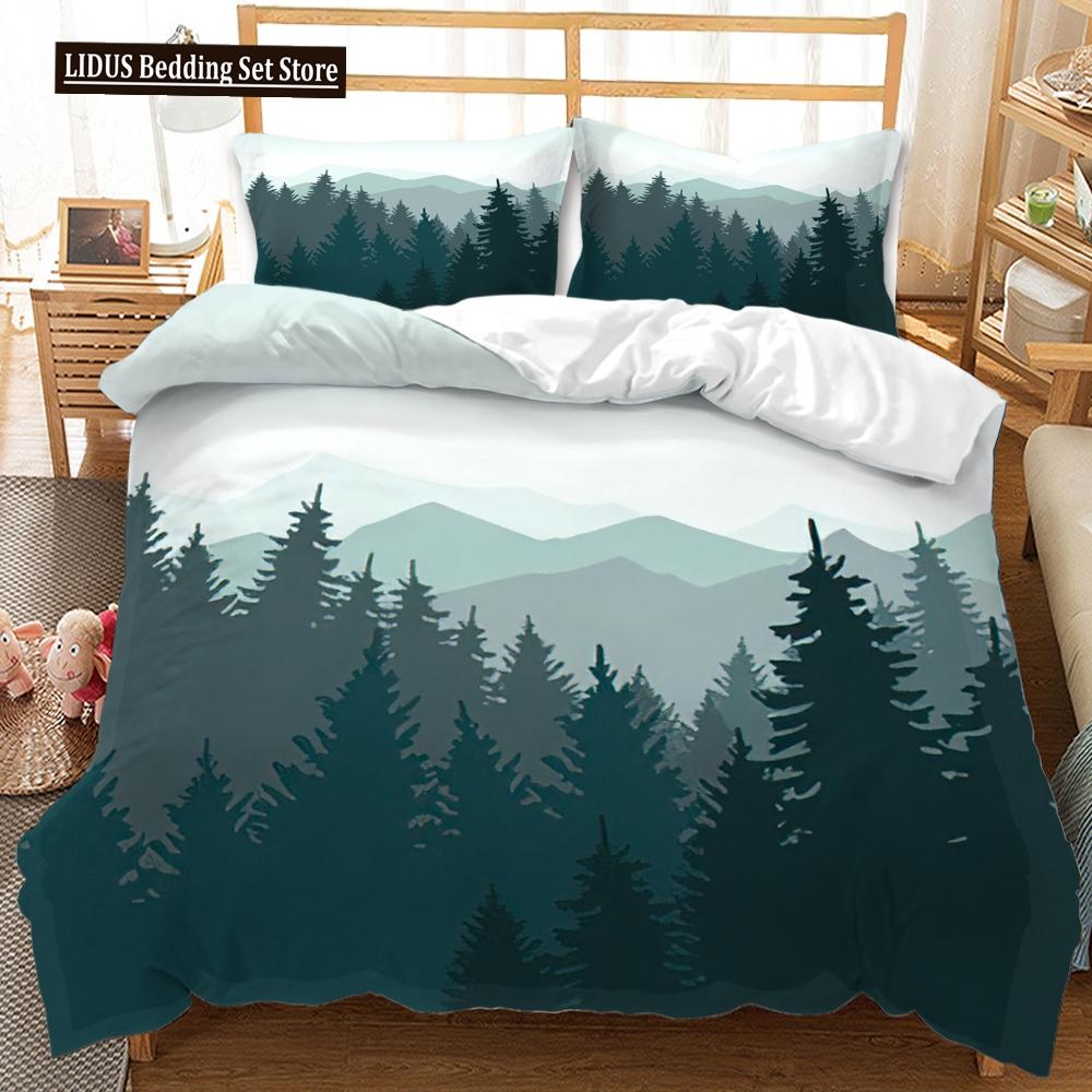 3D Mountain Forest Duvet Cover Set Snow Mountain Winter Theme King Queen Size Comforter Cover For Kid Teen Polyester Bedding Set
