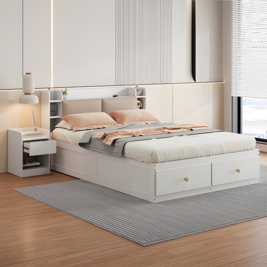 140 X 200cm Storage Bed with Drawers Headboard Built-in Storage Compartment Bedside Table Sofa Bench Strong Wood Slat Support Bed Home Furniture