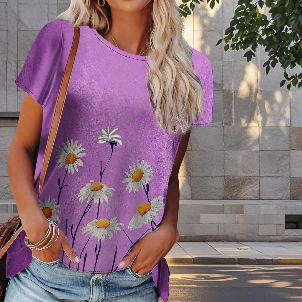 Women Summer T Shirt Little Daisy Print Retro Fashion Short Sleeve Tees Casual   Printed  Tops