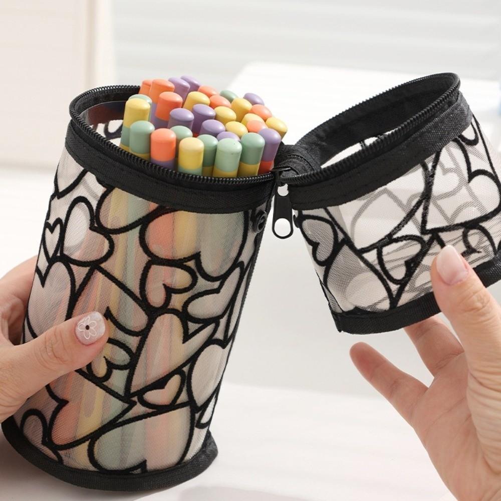 Portable Large Capacity Mesh Pencil Case Multifunctional Love Pencil Pouch Transparent